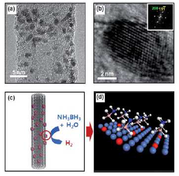 (a) Ni0.72Pt0.28/NDCNTs의 HR-TEM 이미지, (b) 그의 확대된 이미지, (c) BMC/NDCNTs에서의 수소 발생 모식도와 (d) BMC 입자 위에서의 BA 분자 흡착 모식도