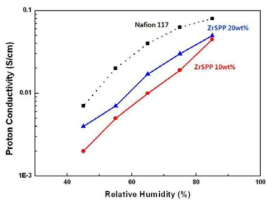 Nafion과 Nafion/ZrSPP의 양성자 전도도