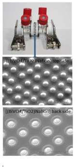 산화물 나노막대와 나피온으로 구성된 양성자/전자 수송막 광반응 장치 및 수송막의 SEM 사진