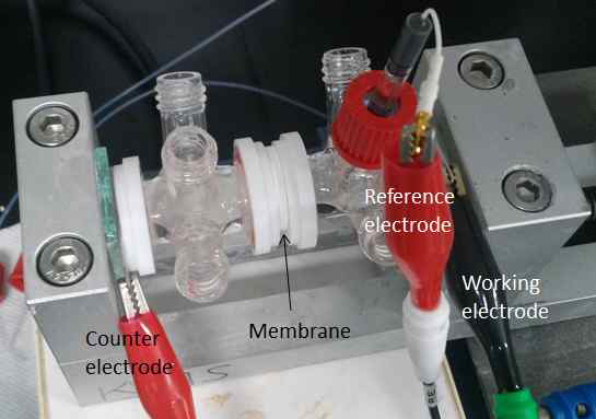 Nyquist plot을 얻기 위한 전기화학 cell. KCl 0.1 M, Counter electrode: Pt plate, Working electrode: Pt plate, Reference electrode: Ag/AgCl, Freq: 1 MHz → 10 Hz