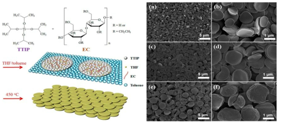 Disk-shaped TiO2의 제조과정(좌), SEM 사진(우) (ACS Appl. Mater. Interfaces 2014, 6, 20842)