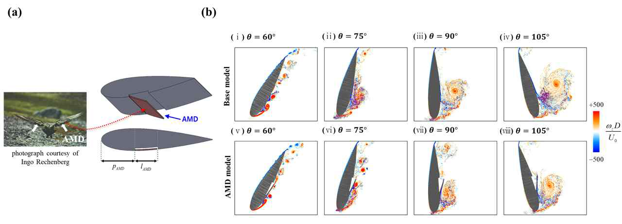 (a) AMD의 형상; (b) 회전 조건에서 블레이드 주변 z방향 와도장 (λ=0.8): (상) 기본 모델; (하) AMD 모델, (ⅰ, ⅴ) θ=60˚ ; (ⅱ, ⅵ) θ=75˚ ; (ⅲ, ⅶ) θ=90˚ ; (ⅳ, ⅷ) θ=105˚