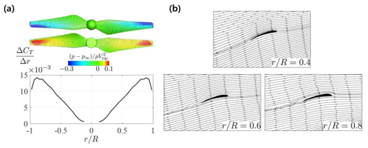 (a) (상): 드론 회전익의 평균 표면 압력분포와 표면 유선; (하): 반경 방향으로의 추력 증분; (b) 여러 단면에서의 순간 유선