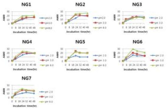 분리균주의 pH에 따른 성장곡선