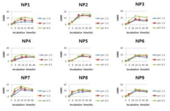 분리균주의 pH에 따른 성장곡선