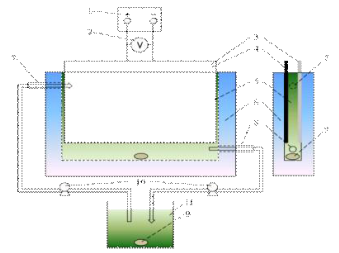 Schematic diagram of the continuous microalgae harvest system. 1: DC power supply, 2: voltage meter, 3: Al electrode, 4: DSE, 5: harvest chamber, 6: water circulation, 7: inflow, 8: outflow, 9: magnetic bar, 10: peristaltic pump, 11: cultivation tank