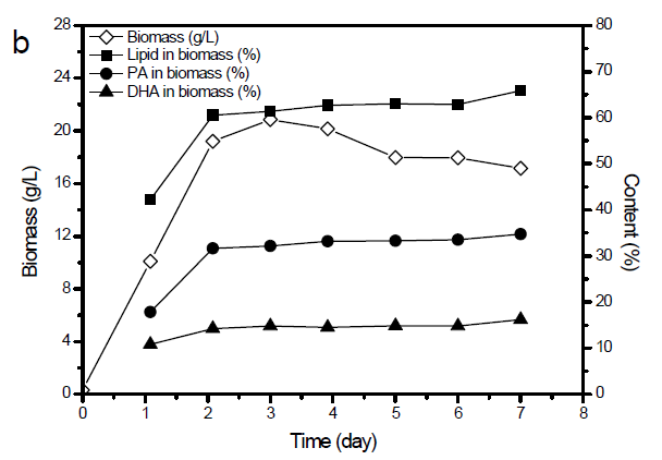글루코즈만 투입한 fed-batch 배양의 7일 간 바이오매스와 지질, PA, DHA 함량 변화