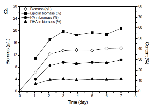 batch 배양의 7일 간 바이오매스와 지질, PA, DHA 함량 변화
