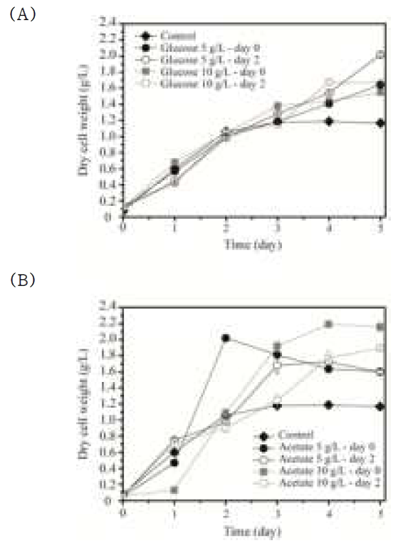 Effect of feeding time of (a) glucose and (b) acetate on growth of C. reinhardtii