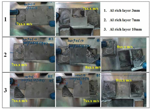 Al rich layer두께에 따른 다중피탄 소총시험 사진