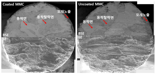 계면제어된 시편(좌)와 계면미제어 시편(우)의 마멸면 비교