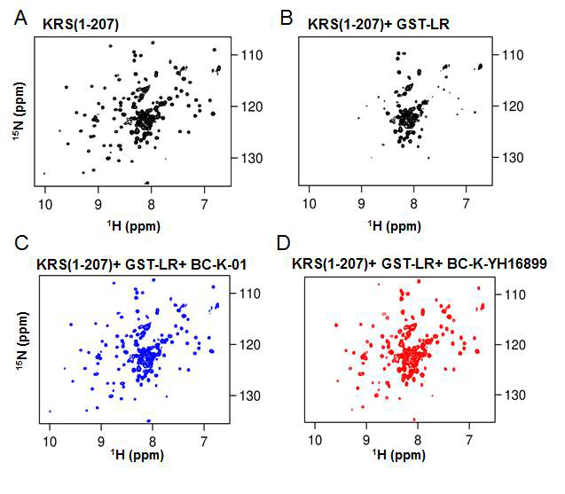(A) KRS(1-207)의 1H-15N TROSY spectra. (B) KRS(1-207)에 GST-LR 첨가 후 KRS(1-207)의 1H-15N TROSY spectra. (C) (B)sample에, BC-K-01첨가 후 KRS(1-207)의 1H-15N TROSY spectra. (D) (B)sample에, BC-K-YH16899 첨가 후 KRS(1-207)의 1H-15N TROSY spectra