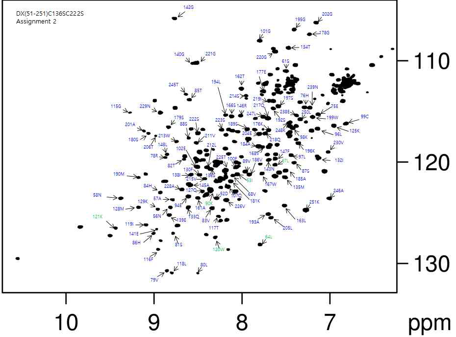 DX2(51-251)C136SC222S의 backbone assignment 결과