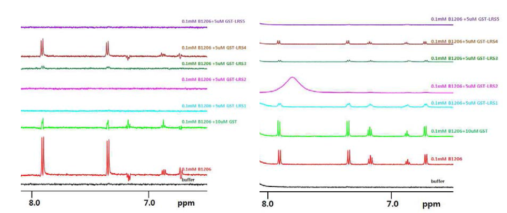 B1206의 LRS mutants 들에 대한 결합실험. (좌) 1D relaxation-edited 실험, (우)일반 1D NMR 실험