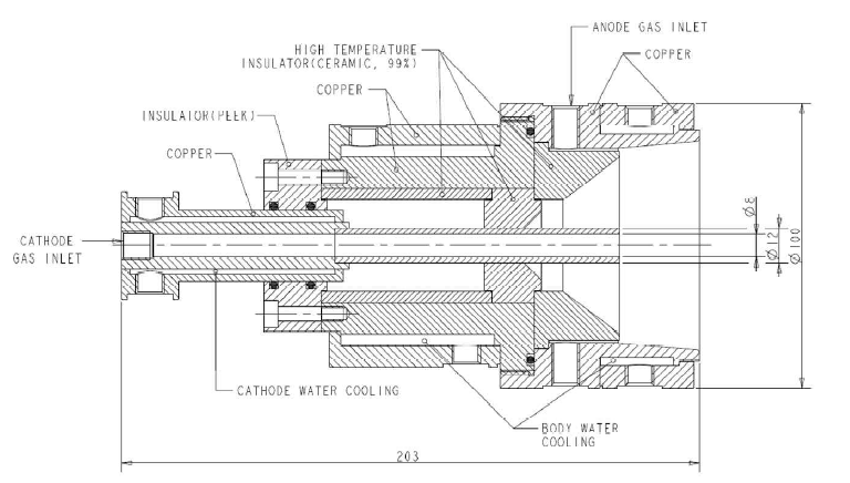 디버터 모사장치 플라즈마 소스 설계 도면. AF-MPD thruster concept을 기반으로 설계하였다