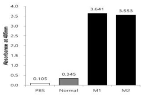 인플루엔자 H5N1 HA-F2 항원으로 면역된 마우스(M)의 혈청 내 항체가. ELISA법으로 측정하였으며(ELISA법에 의한 O.D 값), 음성대조군으로는 PBS(인산완충액, pH 7.4)와 건강한 마우스의 혈청(Normal, 1:200 희석)을 사용하였음