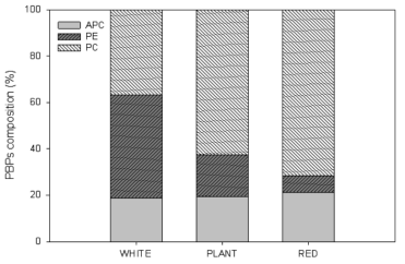 질소 무첨가 배지 내 Nostoc sp. NK의 광원의 종류에 따른 피코빌리단백질의 조성 변화비교
