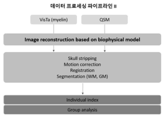 구축한 영상 프로세싱 파이프라인II (수초물영상, 및 QSM 영상 프로세싱의 예)에서의 주요 단계 및 순서에 대한 개념도