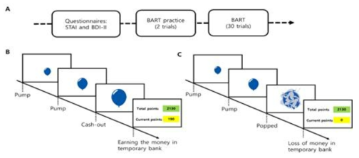행동 모델 기반 불안 파라미터 발굴을 위한 불안유발 과제의 예시 (balloon analogue risk risk taking task）