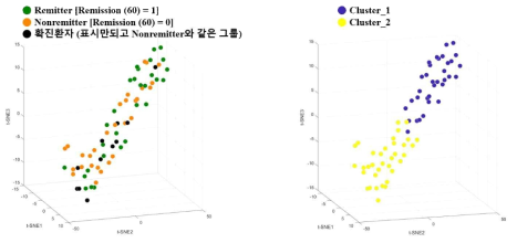 정신증 고위험군(CHR) 86명의 뇌파 MMN 데이터만을 가지고 상세 분석한 클러스터링 그래프. 좌: 클러스터링된 데이터군의 실제 라벨, 우: 클러스터링된 데이터군의 자동 분류 결과