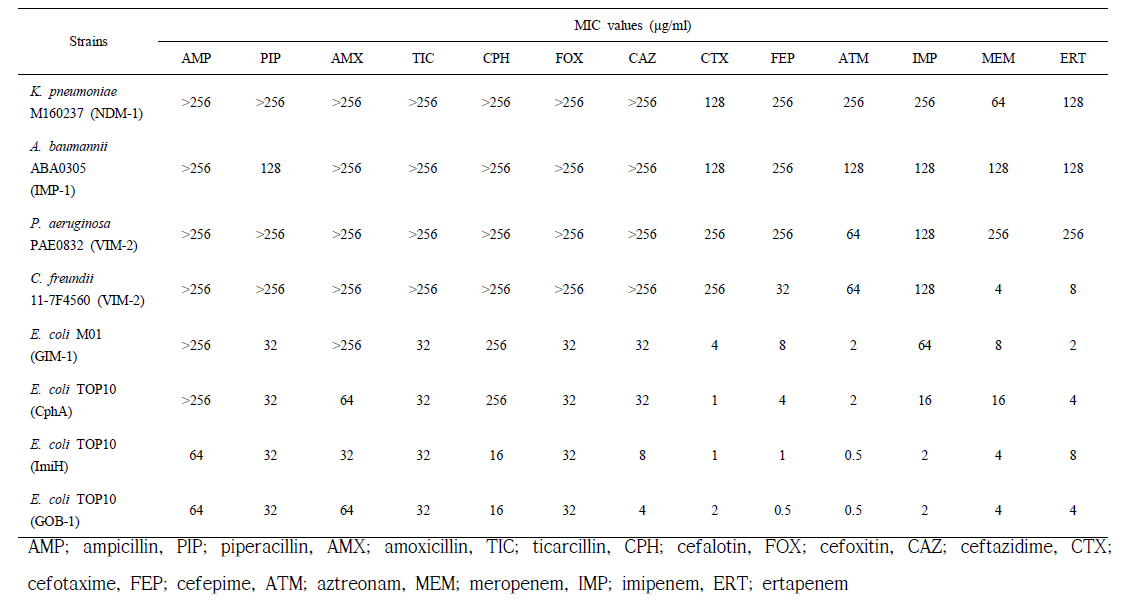 Minimum inhibitory concentrations (MICs) of 13 antibiotics for 5 multiple-drug resistant stains and 3 transformants producing class B carbapenemases