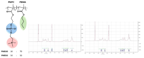 합성한 공중합체인 PMB구조와 PMB30(위)와 PMB50(아래)의 H-NMR