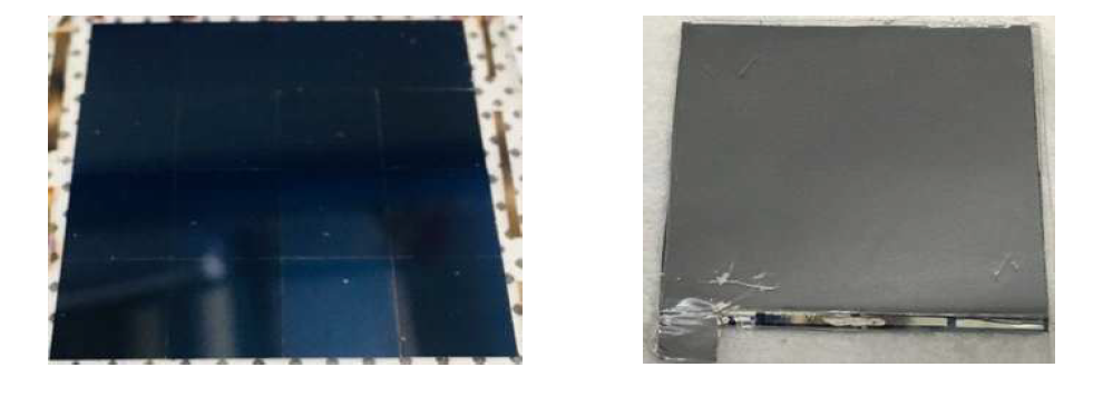 IBC 결정질 실리콘 태양전지 모듈 앞면(좌)과, IBC 결정질 실리콘 태양전지 모듈 후면(우)
