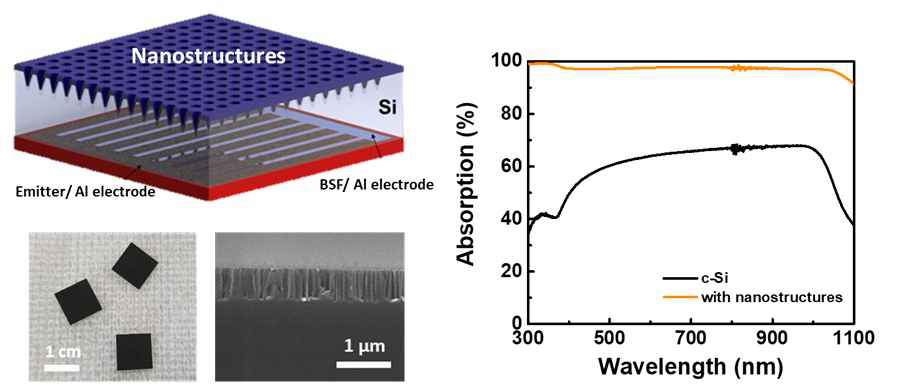 나노구조체가 적용된 IBC 태양전지 구조도 및 사진 (좌), 나노구조체가 적용된 결정질 실리콘의 광흡수 특성(우)
