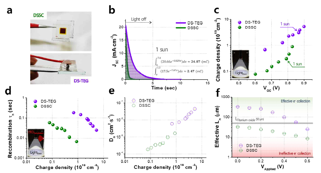 (a) 제작한 염료감응 열전 융합 소자(하, DS-TEG)와 동일 환경에서 비교를 위해 제작한 염료감응 태양전지(상, DSSC), (b) Direct Measurement method를 이용하여 측정한 두 소자의 가용 캐리어 양, (c) 태양광 조사량(소자의 회로 개방 전압)에 따른 두 소자의 가용 캐리어 농도, (d) 두 소자의 캐리어 농도에 따른 (d) 과잉 캐리어 재결합 수명과 (e) 확산 계수, (f) 두 소자에 가해준 외부 전압에 따른 캐리어 유효 확산 거리