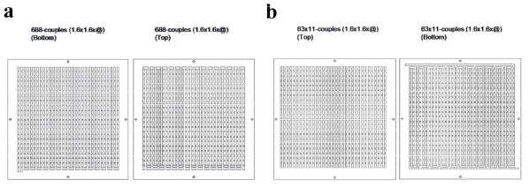 (a) 688-couples 모두 직렬 연결된 고전압 열전 발전 소자와 (b) 63-couples, 11 그룹이 부분 병렬 연결된 전류 부합을 위한 열전 발전 소자의 전극 패턴 도면