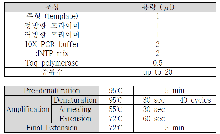 Conventional PCR의 조성물, 반응시간 및 반응온도