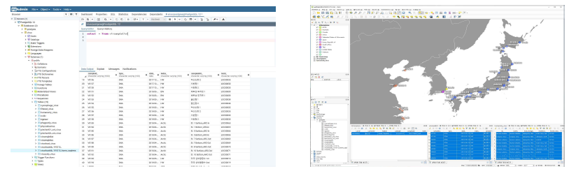 글로벌 감염성 해양바이러스 병원체 DB 구축 결과 - PostgreSQL 화면 예시 (좌) 글로벌 감염성 해양바이러스 병원체 DB 및 QGIS를 이용한 데이터 조회 및 가시화 예시 (우)