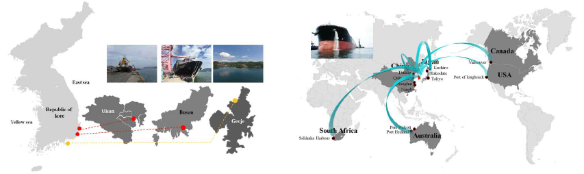 조사정점인 국내 주요 항만 울산항, 부산항과 거제 장목만 및 선박평형수 이동 국가