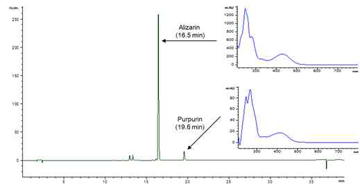 Red3의 HPLC 크로마토그램과 DAD UV 스펙트라