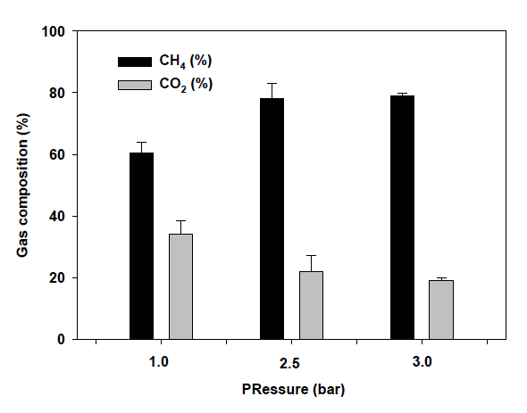 압력별 평균 CH4 및 CO2 분압