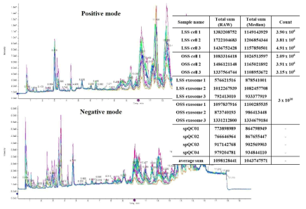 혈관내피세포 유래 EVs의 지질대사체의 2가지 spectrum의 Total ion chtomatogram (TIC) 분석 결과