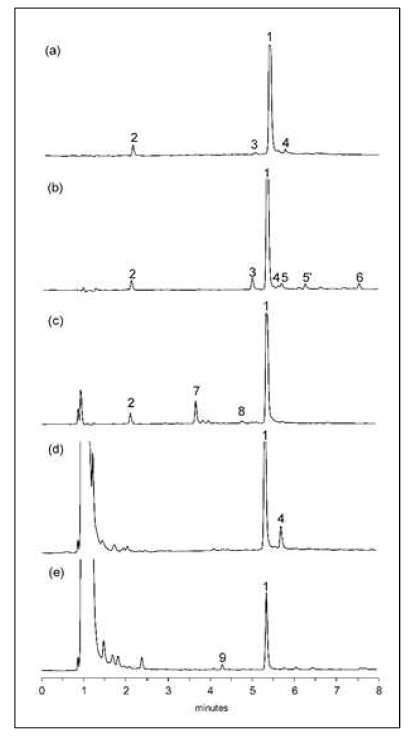 용매별 EGCG dergradation profile. (a) 물, 60 °C, (b) 메탄올, 60 °C, (c) CU, 60 °C, (d) CTU, 90 °C, (e) CTU, 60 °C