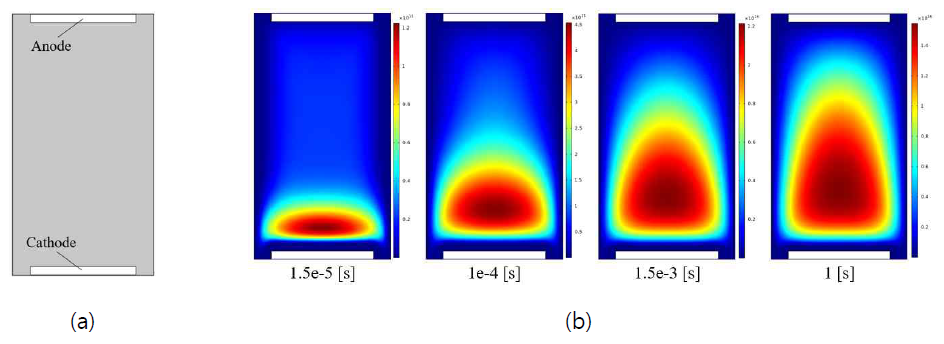 arc discharge system 수치해석 (a) arc discharge system (b) 시간에 따른 electron number density 분포 해석결과