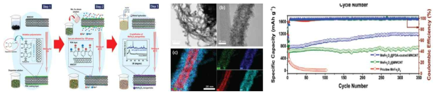 음극 복합소재 합성 공정 모식도 및 전자현미경 분석, 전기화학적 성능 평가 결과 (Nanoscale, 2018)