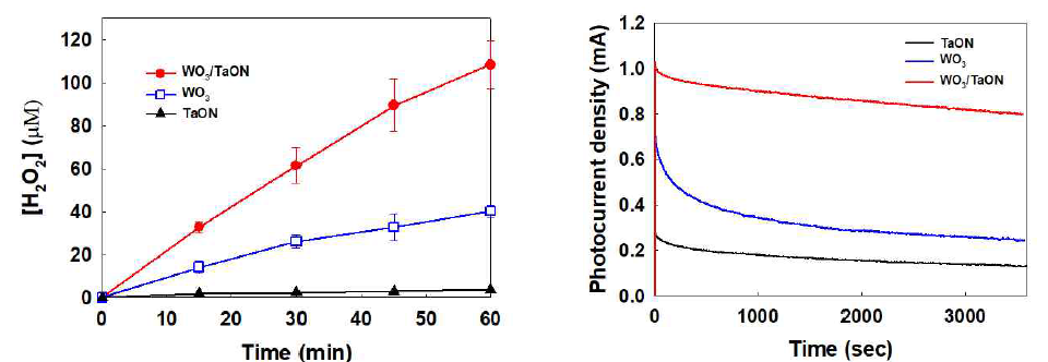 TaON, WO3, WO3/TaON 전극을 이용한 H2O2 생성 (왼쪽) 및 전류밀도 비교 (오른쪽)
