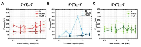 nucleic acid 길이 변화(6, 22, 33 mer)에 따른 각 수은이온 농도 조건에서 force loading rate 실험결과