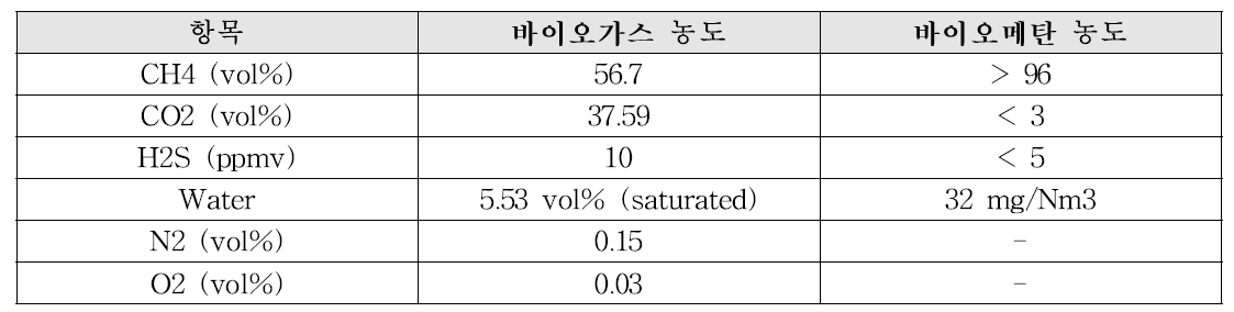 파일럿규모 공정 설계를 위한 바이오가스 및 바이오메탄 농도 조건