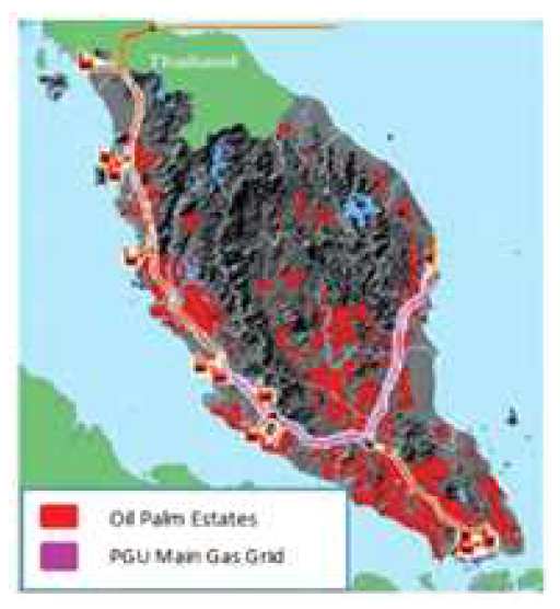 말레이시아 팜오일 농장 위치와 도시가스 배관망(PGU) (Kumaran et al., 2015)