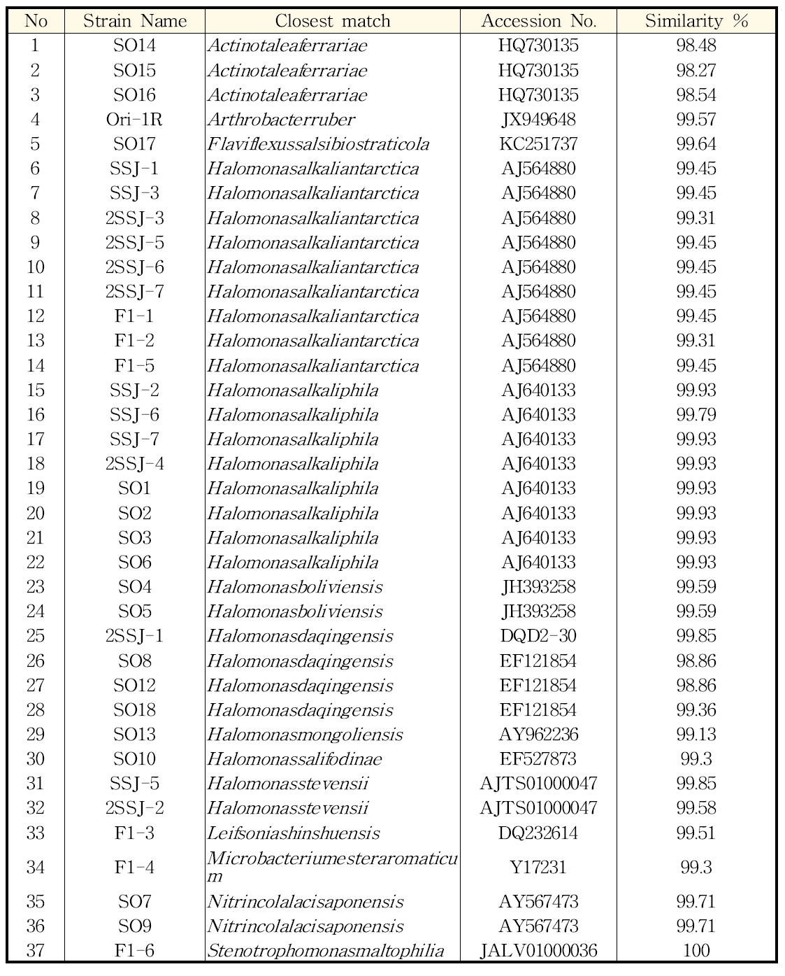 Thiobacillus 선택배지에서 분리한 균주의 16s rRNA seq 분석에 따른 동정 결과