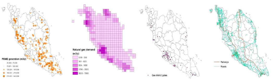 말레이시아에서의 POME 생산, 천연가스 수요, 천연가스 배포처, 도로 및 기차 network에 대한 지도