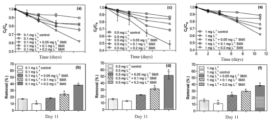 Effects of SMX on the removal kinetics of 0.1, 0.5, and 1 mg L-1 SMZ (a,c,e) during 11 days of cultivation, and the final total removal (%) (b,d,f)