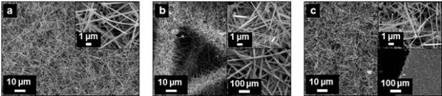 CVD를 이용하여 다양한 기판 (a: Silicon, b: carbon paper, c: graphite plate) 위에 성장된 SnO2 나노선의 SEM 이미지