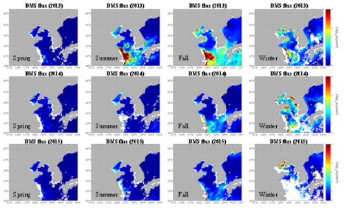 2013∼2015년 동아시아 영역에서의 연평균 DMS flux 공간분포