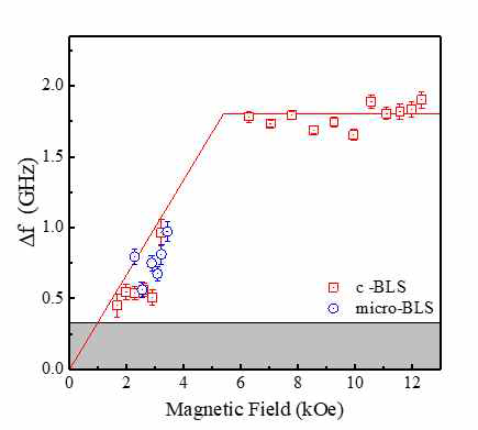 c-BLS와 μ-BLS에 의한 표면파 주파수 차이의 자기장 의존성 결과 비교. 실선은 기댓값을 의미. 회색 영역은 c-BLS의 측정 한계치를 의미