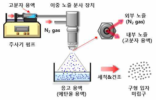 이중 노줄 분사 장치를 이용한 분사/ 침전법의 모식도